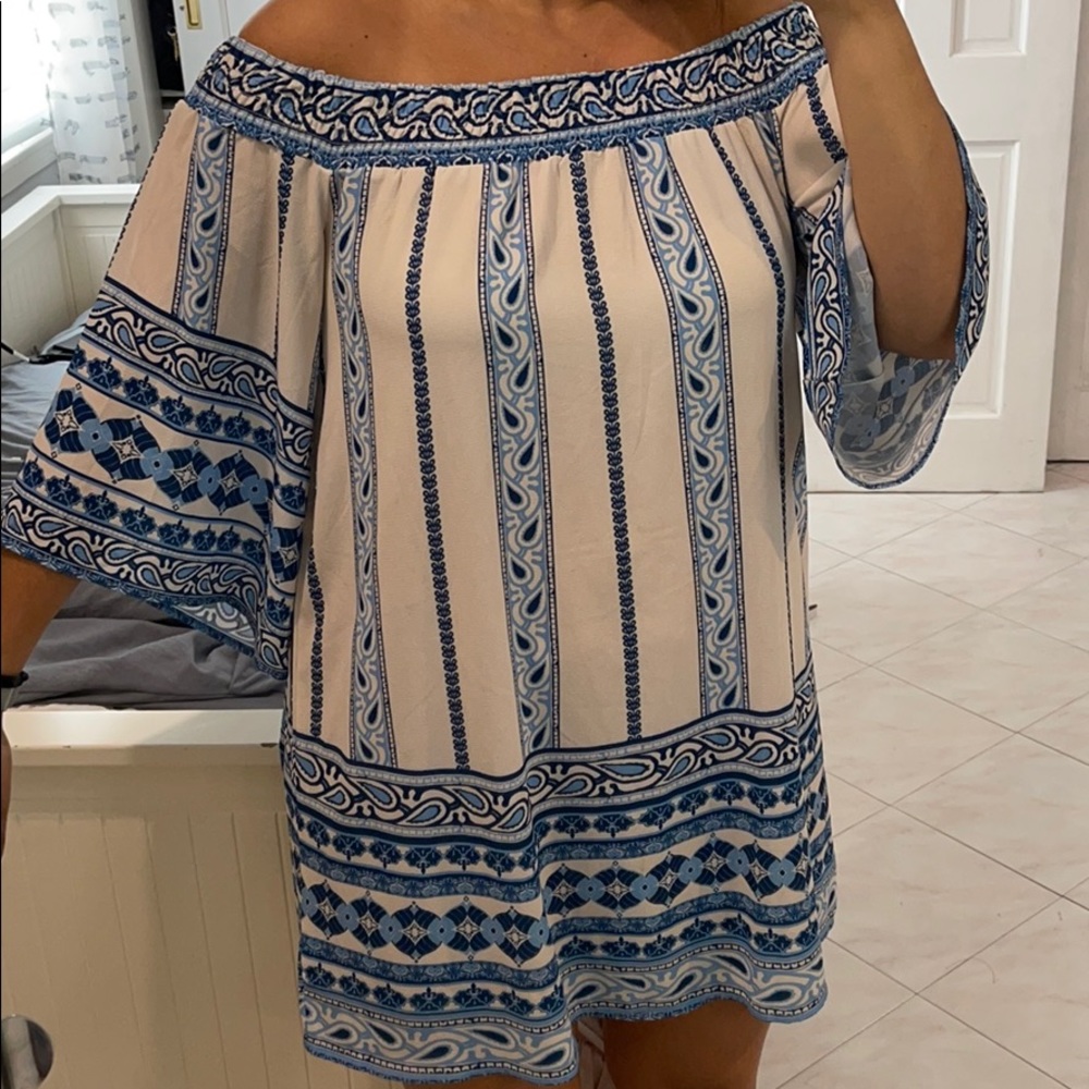 Off the Shoulder Blue Printed Dress